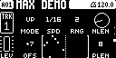 Eight-step arpeggiator pattern with rests, the third step selected, and a dotted end marker.