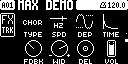 FX3 chorus page with TYPE, SPD, DEP, TIME, FDBK, WID, DEL, and VOL.